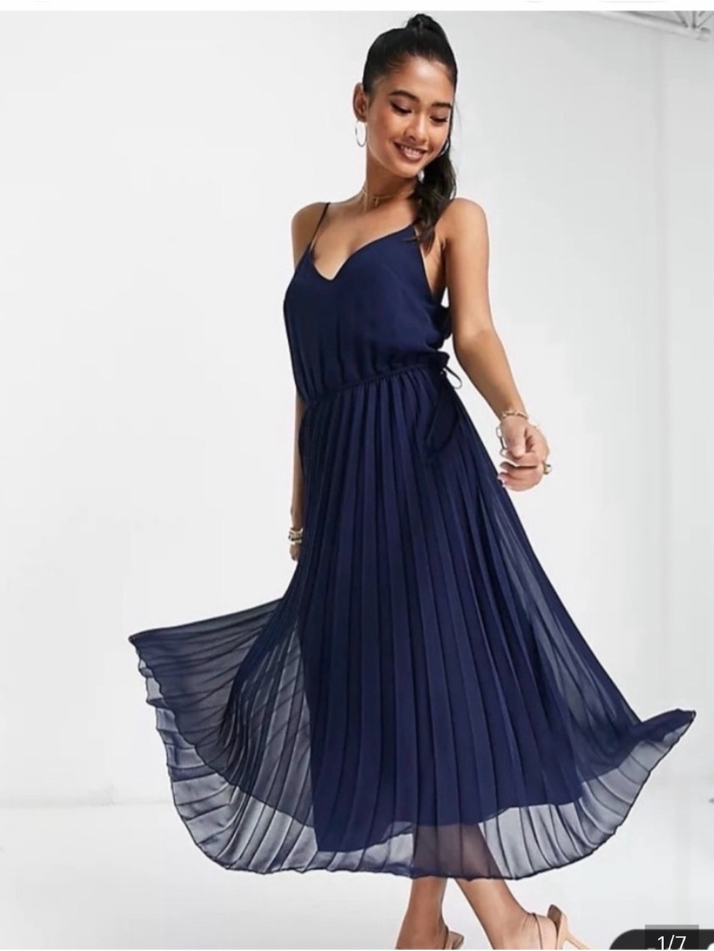 ASOS Navy Pleated Midi Dress with Spaghetti Straps